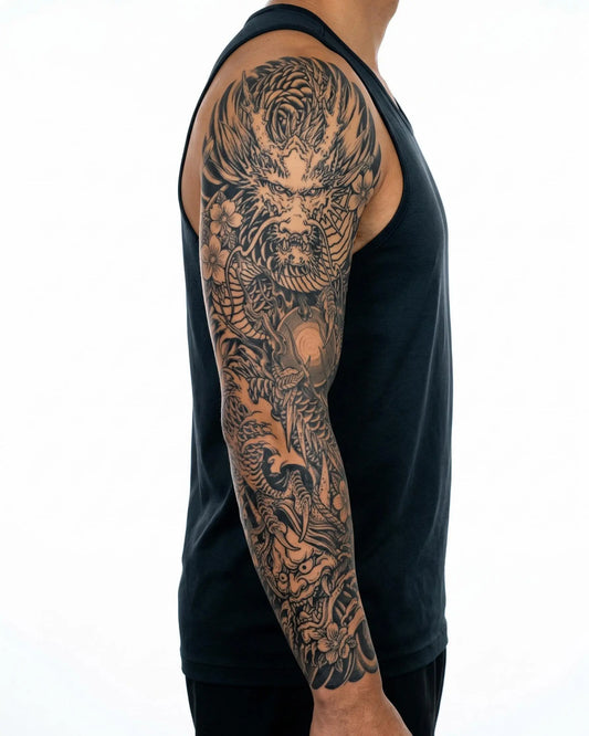 INKON Dragón Japonés y Perla tatuaje semi-permanente aplicado en un hombre – diseño de 8 x 20 in (20x50cm), apariencia de tinta realista, dura 10 días