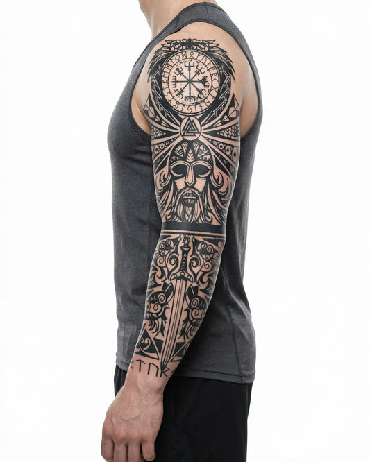 INKON Odín Vikingo y Runas tatuaje semi-permanente aplicado en un hombre – diseño de 8 x 20 in (20x50cm), apariencia de tinta realista, dura 10 días