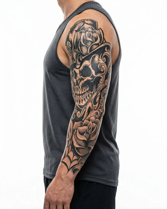 INKON Calavera con Sombrero de Copa y Rosas tatuaje semi-permanente aplicado en un hombre – diseño de 8 x 20 in (20x50cm), apariencia de tinta realista, dura 10 días