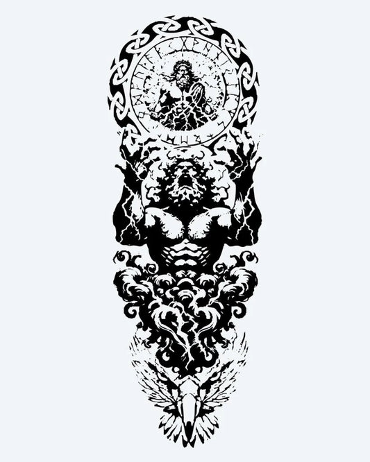 Tatuaje semi-permanente Atlas y Zodiaco diseño de INKON – ilustración de musculoso, atlas, figura, sosteniendo, cielos, 8 x 20 in (20x50cm), disponible en inkon.co