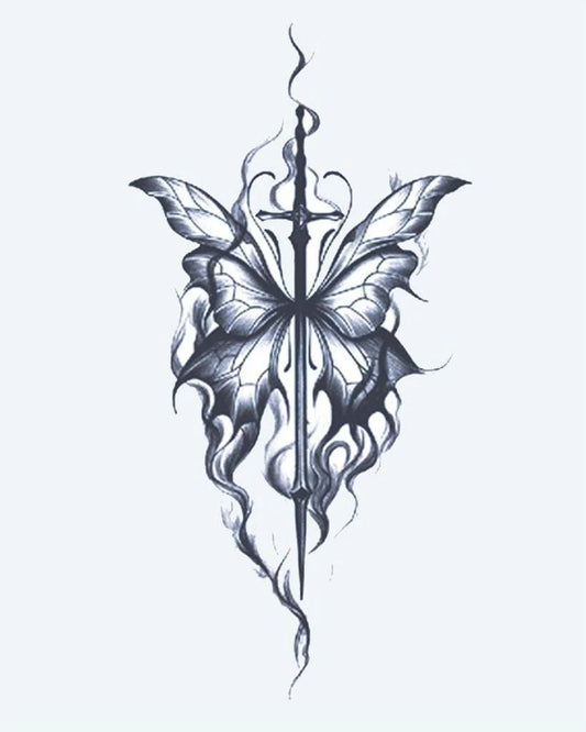 Tatuaje semi-permanente Mariposa y Espada diseño de INKON – ilustración de mariposa, alas, atravesado, largo, espada, 4 x 7 in (10x17cm), disponible en inkon.co