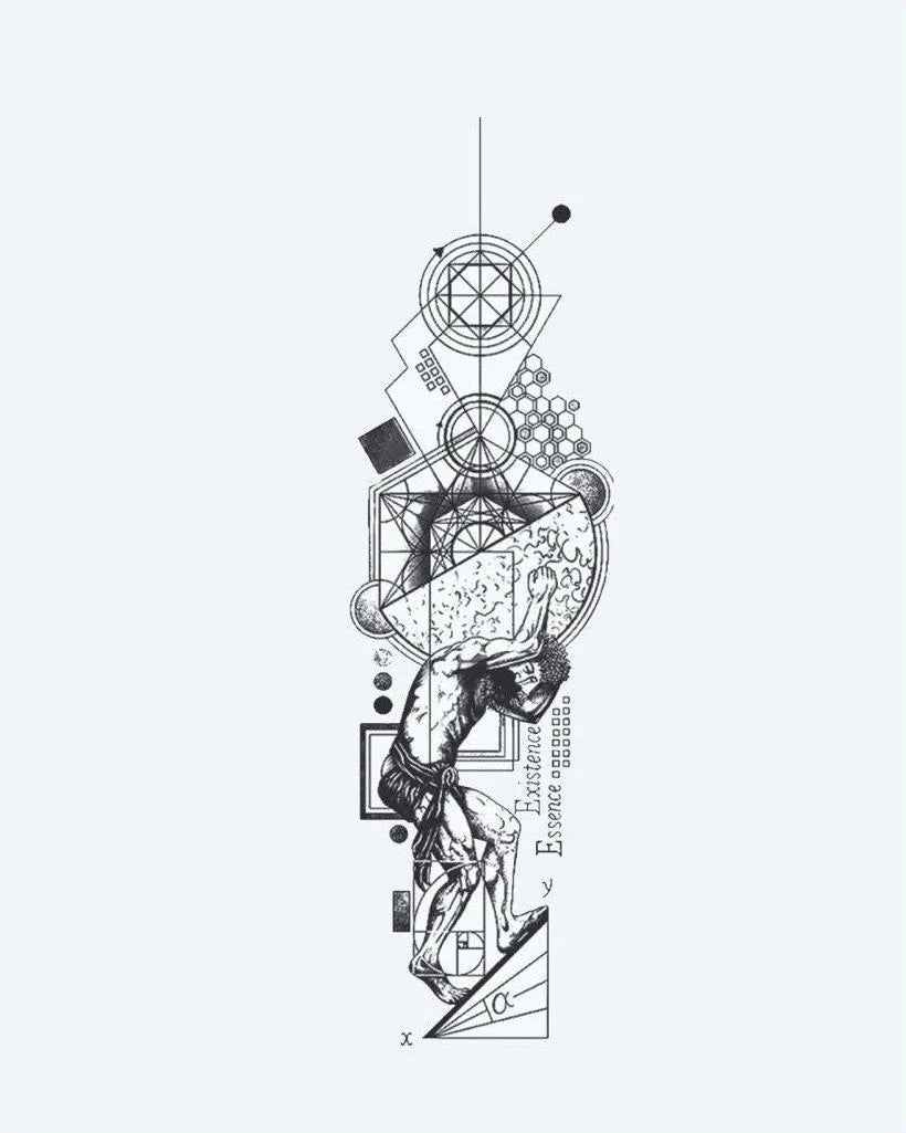 Tatuaje semi-permanente Atlas y Geometría Sagrada diseño de INKON – ilustración de mezclando, atlas, cargando, mundo, sagrado, 4 x 8 in (11x21cm), disponible en inkon.co