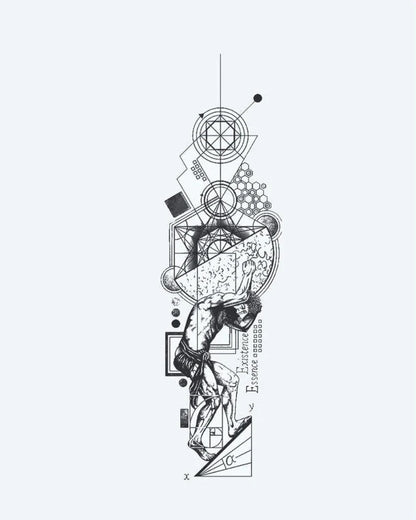 Tatuaje semi-permanente Atlas y Geometría Sagrada diseño de INKON – ilustración de mezclando, atlas, cargando, mundo, sagrado, 4 x 8 in (11x21cm), disponible en inkon.co
