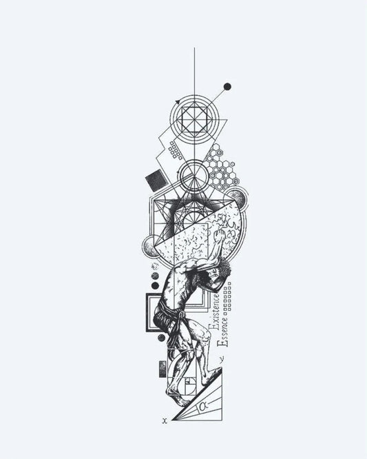 Tatuaje semi-permanente Atlas y Geometría Sagrada diseño de INKON – ilustración de mezclando, atlas, cargando, mundo, sagrado, 4 x 8 in (11x21cm), disponible en inkon.co