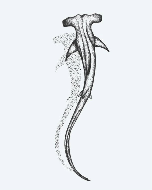 Tatuaje semi-permanente Tiburón Martillo diseño de INKON – ilustración de dotwork, tiburón martillo, tiburón, nadando, hacia abajo, 3 x 4 in (6x11cm), disponible en inkon.co