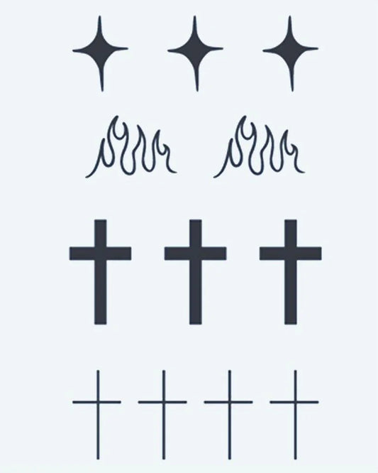 Tatuaje semi-permanente Estrellas, Llamas y Cruces diseño de INKON – ilustración de minimalista, hoja, cuatro, punta, estrellas, 3 x 4 in (6x11cm), disponible en inkon.co