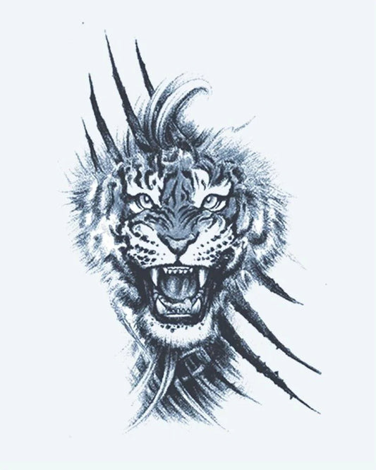 Tatuaje semi-permanente Tigre Rugiente y Garras diseño de INKON – ilustración de rugiendo, tigre, estallando, a través, garra, 4 x 7 in (10x17cm), disponible en inkon.co