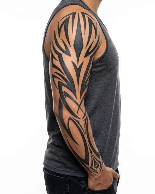 INKON Emblema Tribal en Negrita tatuaje semi-permanente aplicado en un hombre – diseño de 8 x 20 in (20x50cm), apariencia de tinta realista, dura 10 días