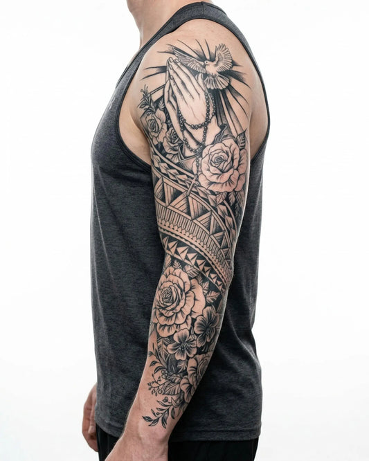 INKON Manos en Oración, Paloma y Rosas Tribales tatuaje semi-permanente aplicado en un hombre – diseño de 8 x 20 in (20x50cm), apariencia de tinta realista, dura 10 días