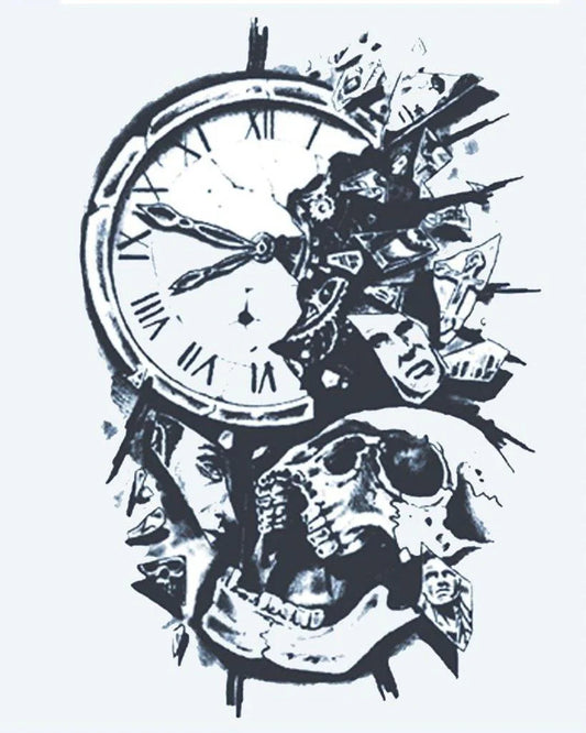 Tatuaje semi-permanente Reloj Roto y Calavera diseño de INKON – ilustración de rompiéndose, reloj, romano, números, rompiendo, 4 x 7 in (10x17cm), disponible en inkon.co