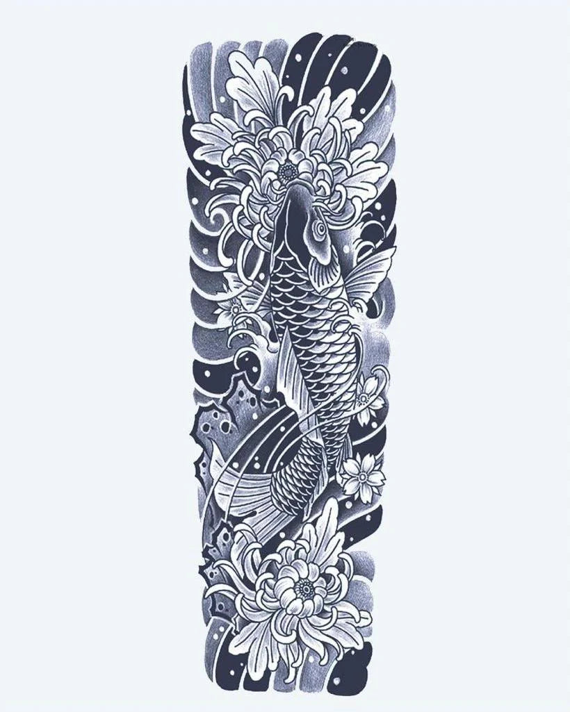 Tatuaje semi-permanente Manga de Pez Koi y Crisantemo diseño de INKON – ilustración de japonés, irezumi, completo, manga, pez, 8 x 20 in (20x50cm), disponible en inkon.co