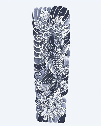 Tatuaje semi-permanente Manga de Pez Koi y Crisantemo diseño de INKON – ilustración de japonés, irezumi, completo, manga, pez, 8 x 20 in (20x50cm), disponible en inkon.co