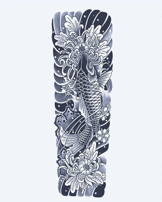 Tatuaje semi-permanente Manga de Pez Koi y Crisantemo diseño de INKON – ilustración de japonés, irezumi, completo, manga, pez, 8 x 20 in (20x50cm), disponible en inkon.co