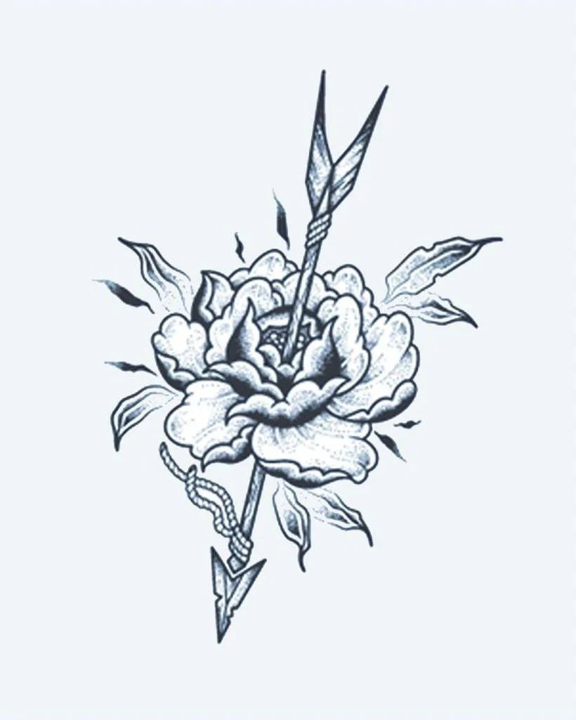 Tatuaje semi-permanente Rosa y Flecha diseño de INKON – ilustración de floreciendo, peonía, rosa, atravesado, flecha, 3 x 4 in (7x10cm), disponible en inkon.co