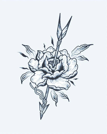 Tatuaje semi-permanente Rosa y Flecha diseño de INKON – ilustración de floreciendo, peonía, rosa, atravesado, flecha, 3 x 4 in (7x10cm), disponible en inkon.co