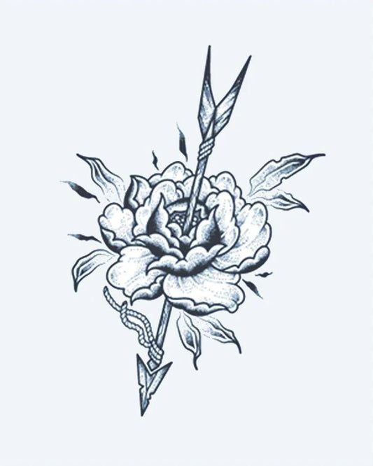 Tatuaje semi-permanente Rosa y Flecha diseño de INKON – ilustración de floreciendo, peonía, rosa, atravesado, flecha, 3 x 4 in (7x10cm), disponible en inkon.co