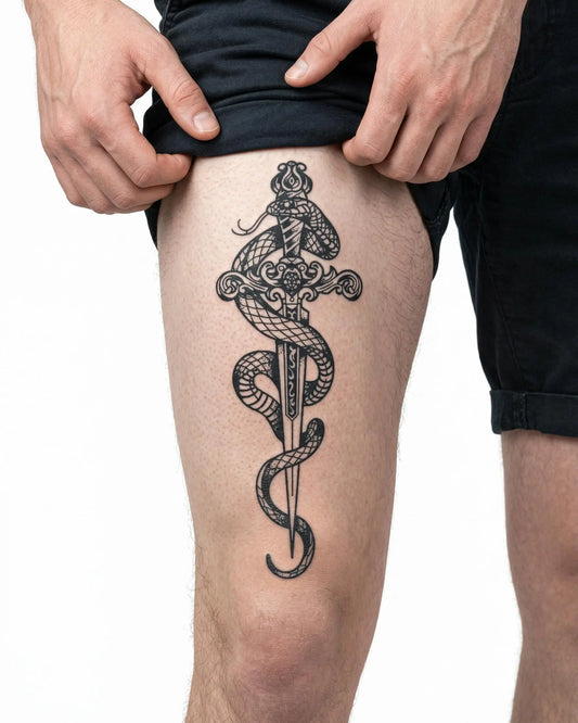 INKON Serpiente y Daga Ornamental tatuaje semi-permanente aplicado en un hombre – diseño de 4 x 8 in (11x21cm), apariencia de tinta realista, dura 10 días