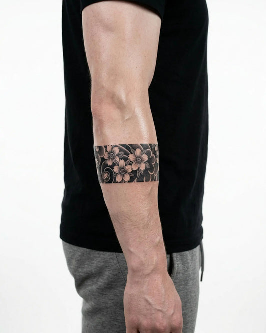 INKON Brazalete de Flor de Cerezo tatuaje semi-permanente aplicado en un hombre – diseño de 2 x 9 in (5x23cm), apariencia de tinta realista, dura 10 días