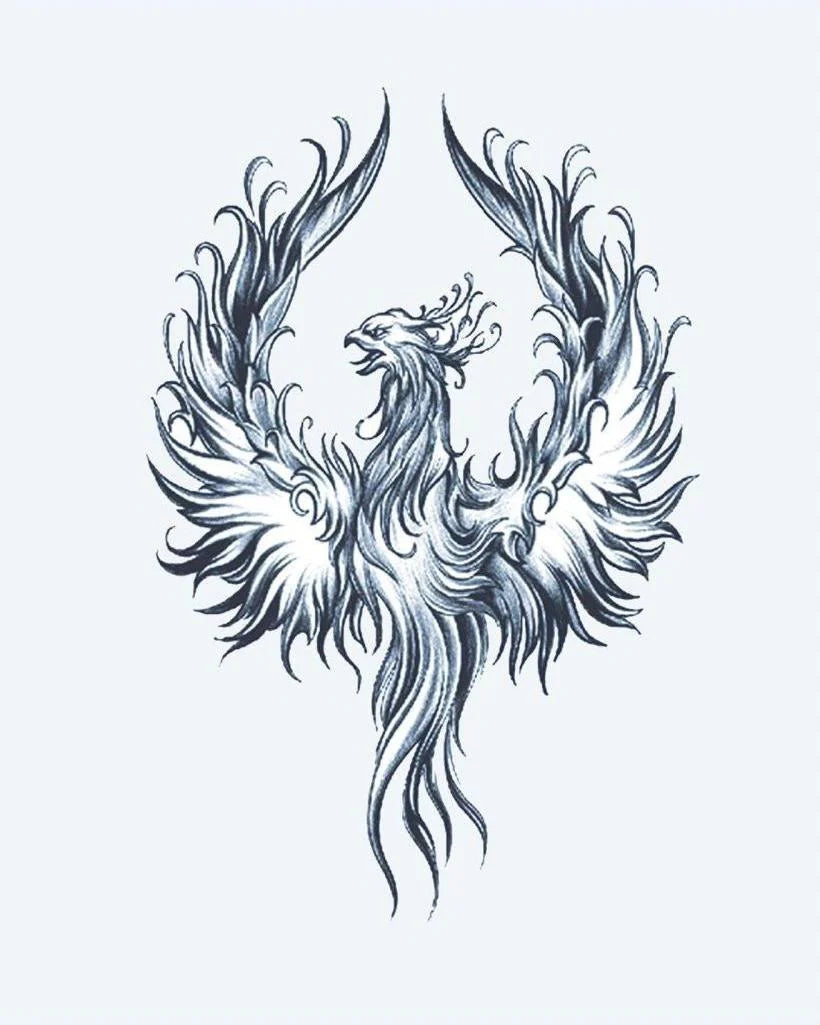Tatuaje semi-permanente Fénix Renaciente 2 diseño de INKON – ilustración de magnífico, ave fénix, extendido, alas, fluido, 4 x 8 in (11x21cm), disponible en inkon.co