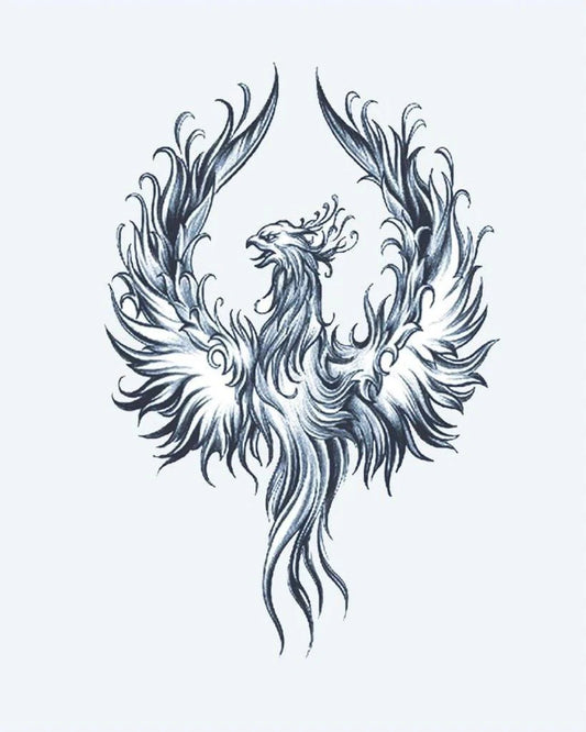 Tatuaje semi-permanente Fénix Renaciente 2 diseño de INKON – ilustración de magnífico, ave fénix, extendido, alas, fluido, 4 x 8 in (11x21cm), disponible en inkon.co