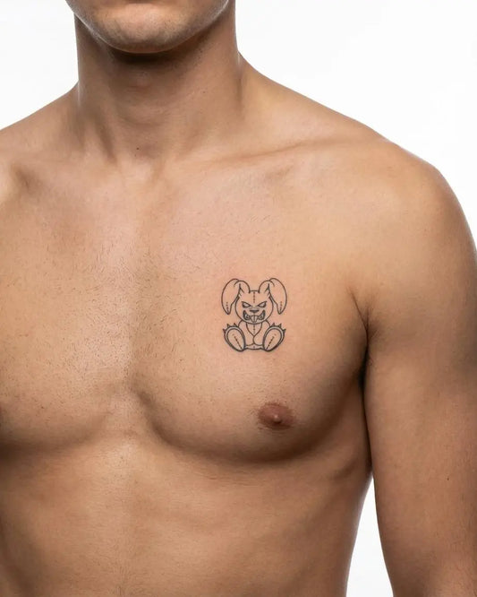 INKON Conejo Malvado tatuaje semi-permanente aplicado en un hombre – diseño de 2 x 2 in (5x5cm), apariencia de tinta realista, dura 10 días
