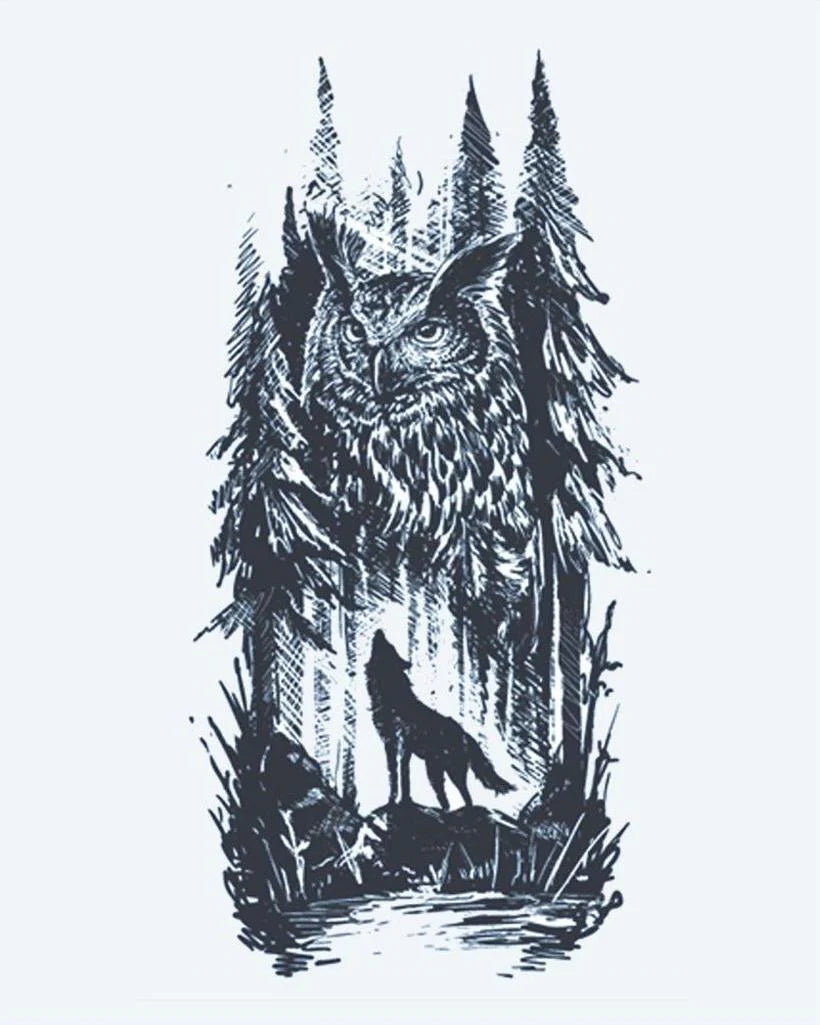 Tatuaje semi-permanente Búho del Bosque y Lobo diseño de INKON – ilustración de con cuernos, posado, entre, pino, árboles, 4 x 7 in (10x17cm), disponible en inkon.co