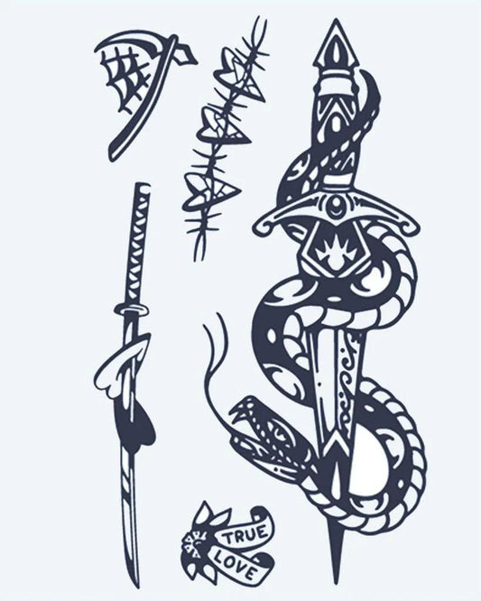 Tatuaje semi-permanente Flash Sheet de Serpiente y Daga diseño de INKON – ilustración de flash, hoja, serpiente, enrollado, daga, 4 x 7 in (10x17cm), disponible en inkon.co