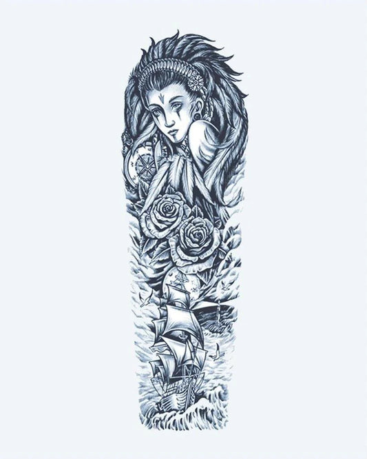 Tatuaje semi-permanente Diosa del Mar y Velero diseño de INKON – ilustración de encantador, completo, manga, diosa, rosas, 8 x 20 in (20x50cm), disponible en inkon.co