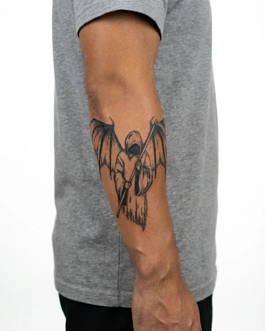 INKON Segador Alado tatuaje semi-permanente aplicado en un hombre – diseño de 4 x 7 in (10x17cm), apariencia de tinta realista, dura 10 días