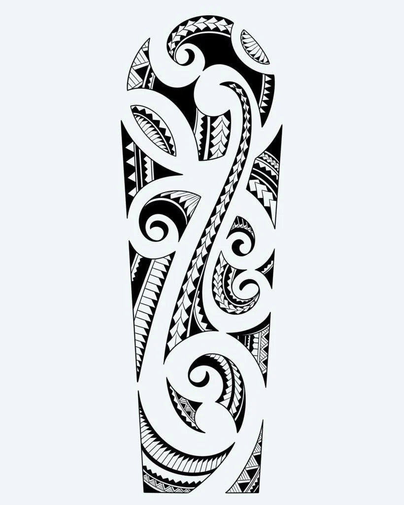 Tatuaje semi-permanente Manga Maorí en Espiral diseño de INKON – ilustración de auténtico, maorí, lleno, koru, espirales, 8 x 20 in (20x50cm), disponible en inkon.co