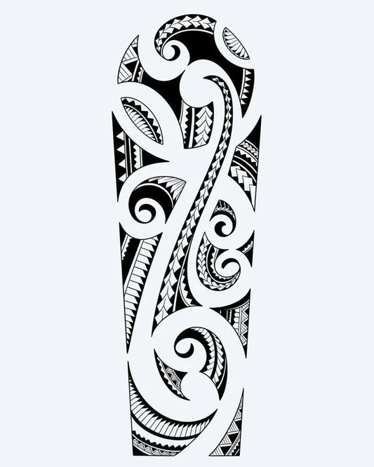 Tatuaje semi-permanente Manga Maorí en Espiral diseño de INKON – ilustración de auténtico, maorí, lleno, koru, espirales, 8 x 20 in (20x50cm), disponible en inkon.co