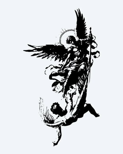 Tatuaje semi-permanente Batalla del Ángel Caído diseño de INKON – ilustración de dramático, caído, ángel, representando, alado, 4 x 8 in (11x21cm), disponible en inkon.co