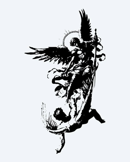 Tatuaje semi-permanente Batalla del Ángel Caído diseño de INKON – ilustración de dramático, caído, ángel, representando, alado, 4 x 8 in (11x21cm), disponible en inkon.co