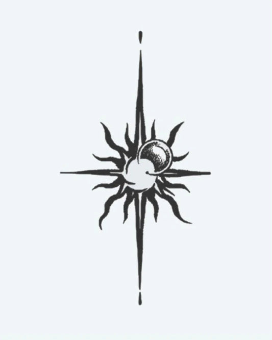 Tatuaje semi-permanente Brújula Sol y Luna diseño de INKON – ilustración de luna creciente, luna, fusión, puntiagudo, brújula, 3 x 4 in (6x11cm), disponible en inkon.co
