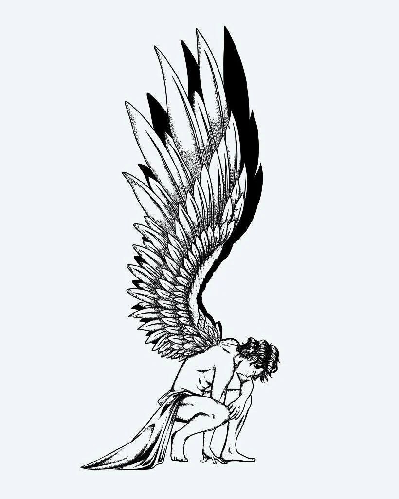 Tatuaje semi-permanente Ángel Caído diseño de INKON – ilustración de dotwork, fino, líneas, construye, arrodillado, 4 x 8 in (11x21cm), disponible en inkon.co