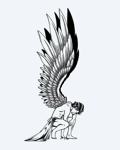 Tatuaje semi-permanente Ángel Caído diseño de INKON – ilustración de dotwork, fino, líneas, construye, arrodillado, 4 x 8 in (11x21cm), disponible en inkon.co