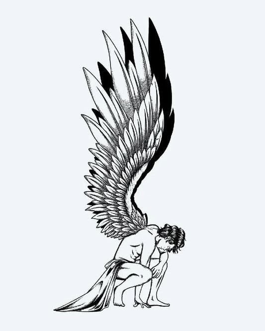 Tatuaje semi-permanente Ángel Caído diseño de INKON – ilustración de dotwork, fino, líneas, construye, arrodillado, 4 x 8 in (11x21cm), disponible en inkon.co