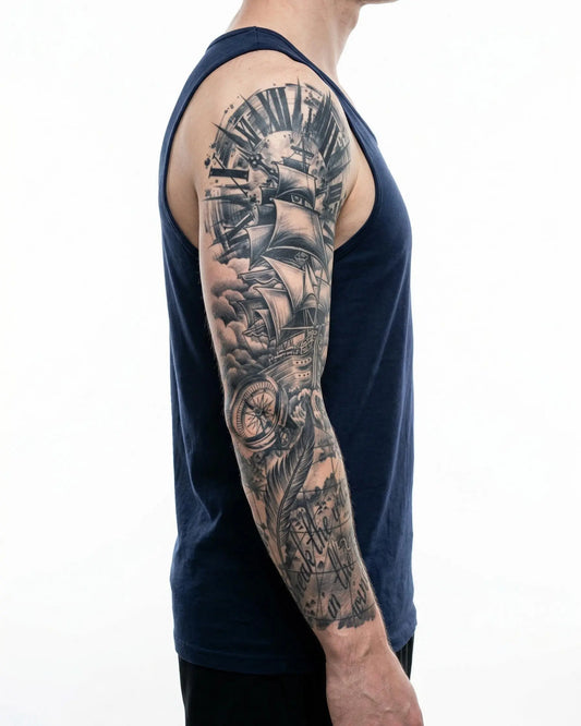 INKON Barco Náutico y Brújula tatuaje semi-permanente aplicado en un hombre – diseño de 8 x 20 in (20x50cm), apariencia de tinta realista, dura 10 días