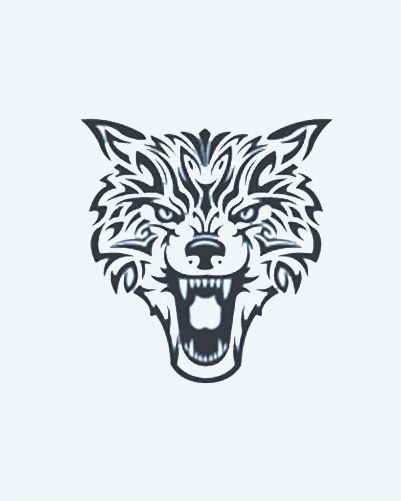 Tatuaje semi-permanente Lobo Tribal diseño de INKON – ilustración de gruñendo, lobo, rostro, tribal, afilado, 3 x 4 in (7x10cm), disponible en inkon.co