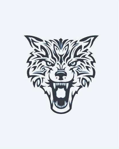 Tatuaje semi-permanente Lobo Tribal diseño de INKON – ilustración de gruñendo, lobo, rostro, tribal, afilado, 3 x 4 in (7x10cm), disponible en inkon.co