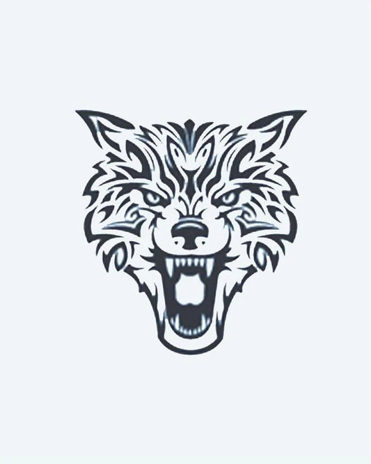 Tatuaje semi-permanente Lobo Tribal diseño de INKON – ilustración de gruñendo, lobo, rostro, tribal, afilado, 3 x 4 in (7x10cm), disponible en inkon.co
