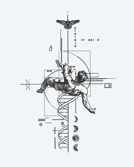 Tatuaje semi-permanente Querubín y Geometría Sagrada diseño de INKON – ilustración de combinando, renacentista, querubín, hélice, luna, 4 x 8 in (11x21cm), disponible en inkon.co